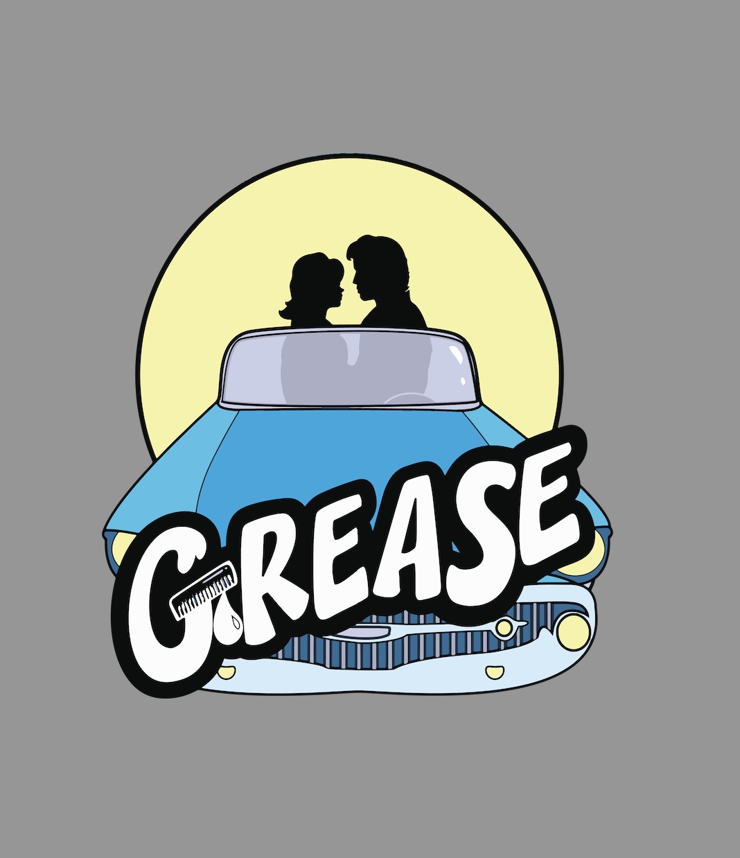 Grease couple in blue car with full moon